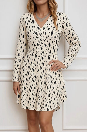 MDB Kadın Uzun Kollu V Yakalı Desenli Kısa Keten Elbise