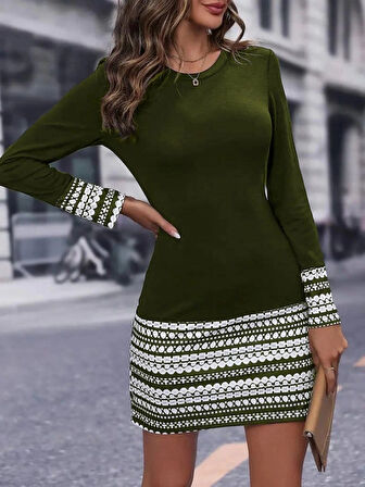 MDB Kadın Uzun Kollu Bisiklet Yaka Kol Ağzı Ve Etek Ucu Baskılı Iki Iplik Elbise