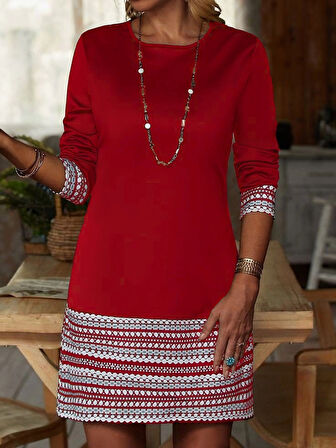 MDB Kadın Uzun Kollu Bisiklet Yaka Kol Ağzı Ve Etek Ucu Baskılı Iki Iplik Elbise