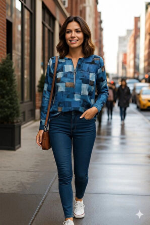 MDB Kadın Uzun Kollu Yakadan Fermuarlı Kot Görünüm Desenli Uzun Modal Bluz