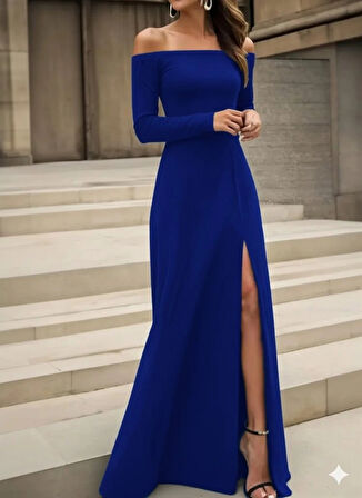 MDB Kadın Uzun Kollu Madonna Yakalı Yırtmaç Detaylı Uzun Ithal Krep Elbise