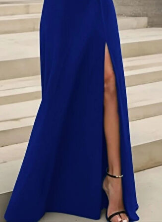 MDB Kadın Uzun Kollu Madonna Yakalı Yırtmaç Detaylı Uzun Ithal Krep Elbise