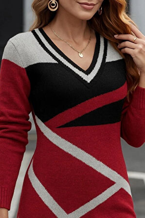 MDB Kadın Uzun Kollu V Yakalı Kısa Triko Elbise