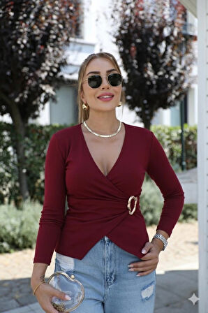 MDB Kadın Uzun Kollu Kruvaze Yakalı Toka Detaylı Viskon Bluz