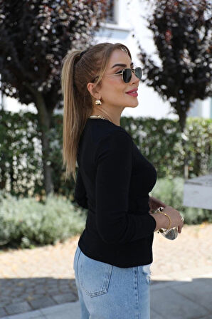 MDB Kadın Uzun Kollu Kruvaze Yakalı Toka Detaylı Viskon Bluz