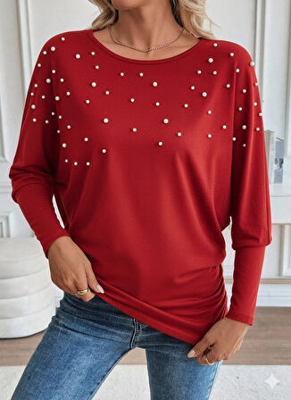 MDB Kadın Uzun Kollu Yuvarlak Yaka Incili Viskon Bluz