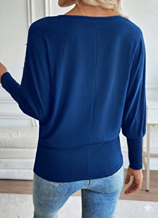 MDB Kadın Uzun Kollu Yuvarlak Yaka Incili Viskon Bluz