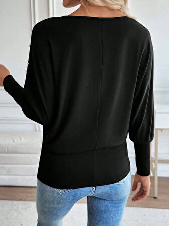 MDB Kadın Uzun Kollu Yuvarlak Yaka Incili Viskon Bluz