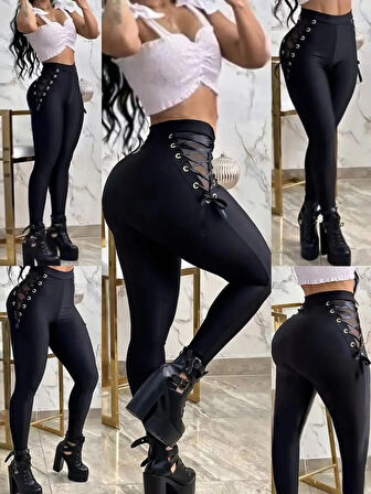 MDB Kadın Yüksek Bel çapraz Bağcıklı Tül Detaylı Dalgıç Tayt