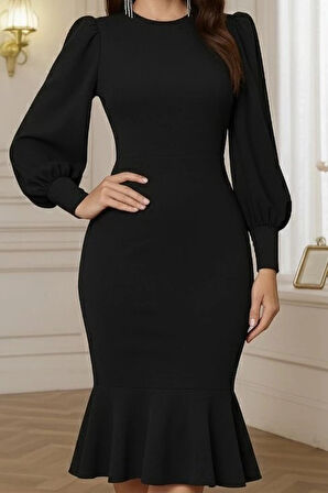 MDB Kadın Uzun Kollu Yarı Balıkçı Yaka Etek Ucu Fırfır Detaylı Midi Ithal Krep Elbise