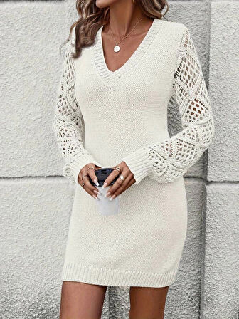 MDB Kadın Uzun Kollu V Yakalı Mini Triko Elbise