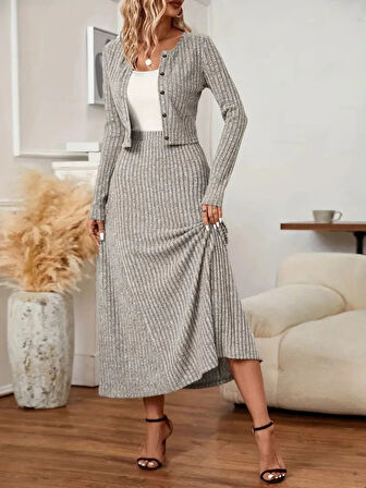 MDB Kadın Uzun Kollu önden Düğmeli Bluz Ve Yüksek Bel A Kesim Uzun Etek şardonlu Kaşkorse Ikili Takım