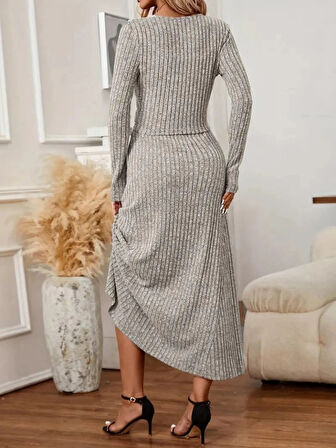 MDB Kadın Uzun Kollu önden Düğmeli Bluz Ve Yüksek Bel A Kesim Uzun Etek şardonlu Kaşkorse Ikili Takım