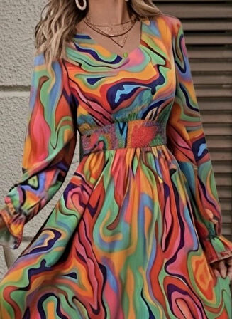 MDB Kadın Uzun Kollu V Yakalı Desenli Maxi Süprem Elbise