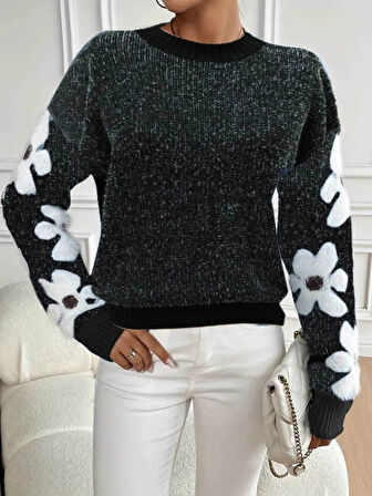 MDB Kadın Uzun Kollu Bisiklet Yaka çiçek Desenli Triko Bluz