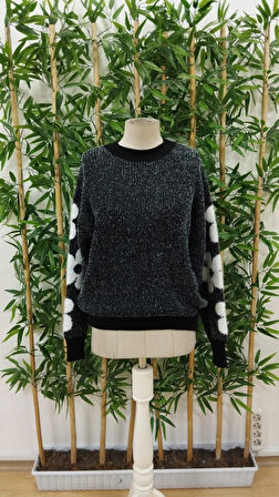 MDB Kadın Uzun Kollu Bisiklet Yaka çiçek Desenli Triko Bluz