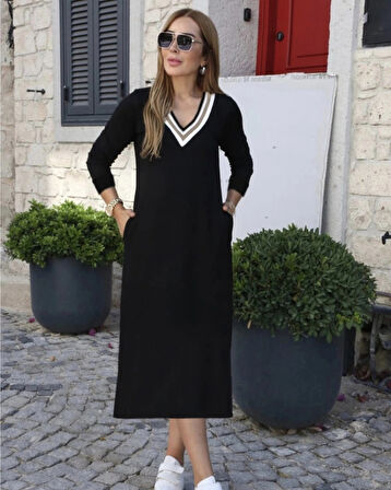 MDB Kadın Uzun Kollu V şerit Yakalı Viskon Iki Iplik Elbise