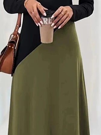 MDB Kadın Uzun Kollu V Yakalı Blok Desenli Viskon Elbise