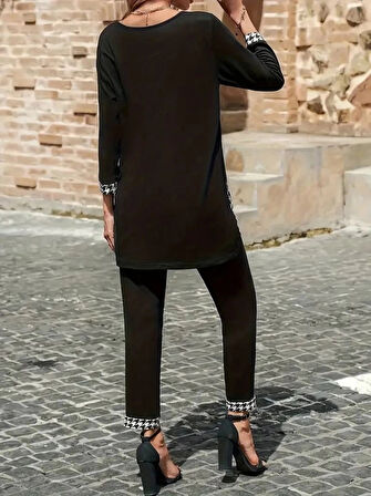MDB Kadın Uzun Kollu Yuvarlak Yakalı Kaz Ayağı Detaylı Viskon Iki Iplik Bluz Ve Pantolon Ikili Takım