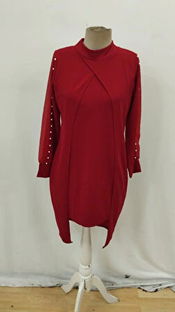 MDB Kadın Uzun Kollu Yarı Balıkçı Yaka Tül Ve Inci Detaylı Kısa Ithal Krep Midi Elbise