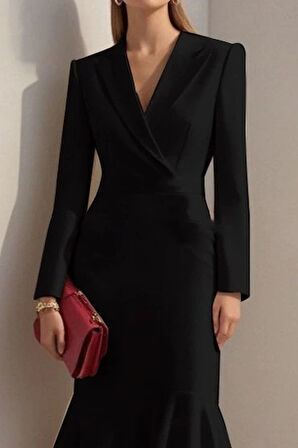 MDB Kadın Uzun Kollu Yakalı Belden Oturtmalı Midi Ithal Krep Elbise