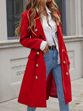 MDB Kadın Uzun Kollu Yakalı önden Düğmeli Midi Kaşe Kaban