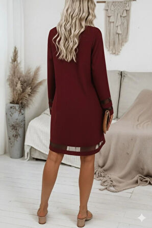 MDB Kadın Uzun Kollu V Yakalı Tül şerit Detaylı Mini Krep Elbise