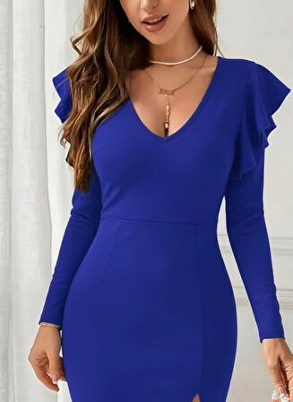 MDB Kadın Uzun Kollu V Yakalı Yandan Yırtmaçlı Midi Ithal Krep Elbise