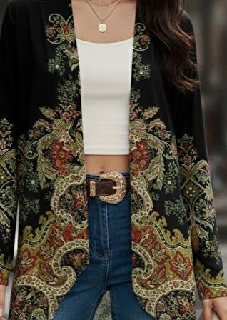 MDB Kadın Uzun Kollu önü Açık Desenli şardonlu Dalgıç Ceket