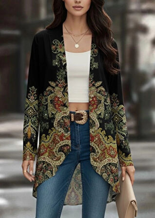 MDB Kadın Uzun Kollu önü Açık Desenli şardonlu Dalgıç Ceket