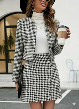 MDB Kadın Uzun Kollu önü Açık Dokuma Ceket Ve Mini Etek Ikili Takım