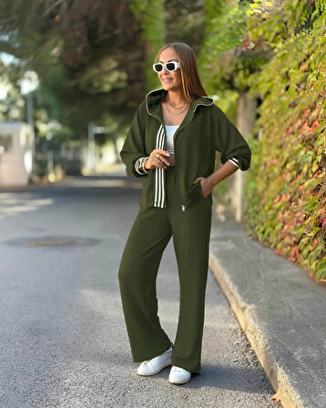 MDB Kadın Uzun Kollu Kapşonlu Onu şerit Detaylı Fermuarlı Viskon Iki Iplik Bluz Ve Pantolon Ikili Takım