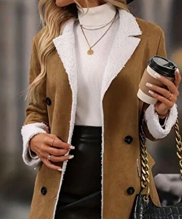 MDB Kadın Uzun Kollu Yakalı Düğmeli Süet Mini Manto