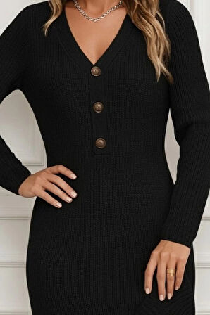 MDB Kadın Uzun Kollu V Yakalı önden Düğmeli Kısa Triko Elbise