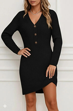 MDB Kadın Uzun Kollu V Yakalı önden Düğmeli Kısa Triko Elbise