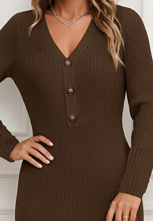 MDB Kadın Uzun Kollu V Yakalı önden Düğmeli Kısa Triko Elbise