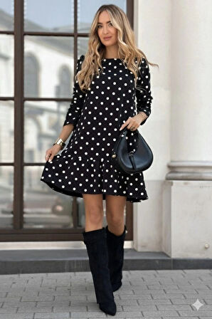 MDB Kadın Uzun Kollu Bisiklet Yaka Fırfırlı Puantiyeli Kısa Modal Elbise