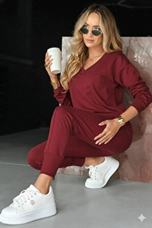 MDB Kadın Uzun Kollu V Yakalı Viskon Iki Iplik Bluz Ve Pantolon Ikili Takım