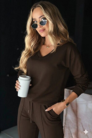 MDB Kadın Uzun Kollu V Yakalı Viskon Iki Iplik Bluz Ve Pantolon Ikili Takım