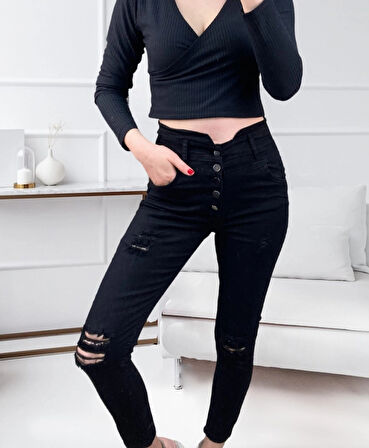 MDB Kadın 5 Düğmeli V Detay Bel Yırtık Kot