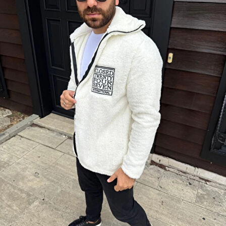 MDB Erkek Polar Fermuarlı weatshirt – Kapüşonsuz, Cepli, Yumuşak Dokulu, Oversize Rahat Kalıp, Kışlık ıcak Tutan Fermuarlı Üst  Beyaz