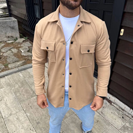 MDB Erkek Diagonal Kumaş Cepli Çıtçıtlı Uzun Kollu, Gömlek Oversize Rahat Kalıp Günlük Şık til  Bej