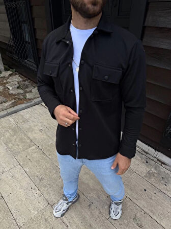 MDB Erkek Diagonal Kumaş Cepli Çıtçıtlı Uzun Kollu, Gömlek Oversize Rahat Kalıp Günlük Şık til  iyah