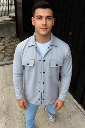 MDB Erkek Diagonal Kumaş Cepli Çıtçıtlı Uzun Kollu, Gömlek Oversize Rahat Kalıp Günlük Şık til  Gri