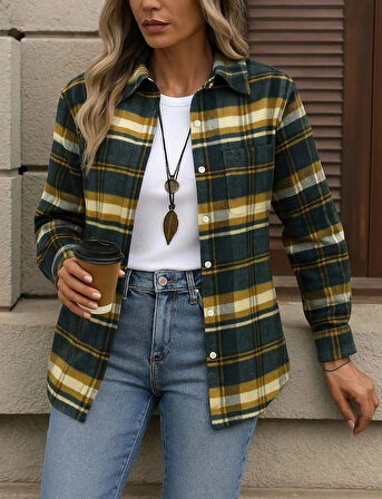 MDB Kadın Uzun Kollu Kare Desenli önden Düğmeli Dokuma Gömlek