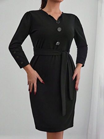 MDB Kadın Uzun Kollu Düğme Detaylı Kendinden Kemerli Ithal Krep Elbise