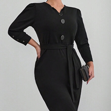 MDB Kadın Uzun Kollu Düğme Detaylı Kendinden Kemerli Ithal Krep Elbise