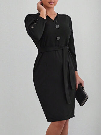 MDB Kadın Uzun Kollu Düğme Detaylı Kendinden Kemerli Ithal Krep Elbise