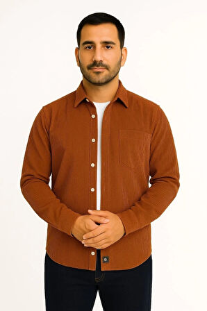 MDB Erkek Fitilli Kadife Cepli Gömlek Oversize Rahat Kalıp  Kahverengi