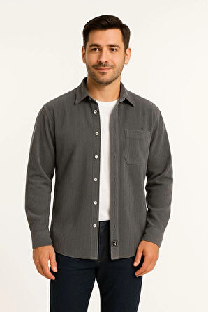 MDB Erkek Fitilli Kadife Cepli Gömlek Oversize Rahat Kalıp  Füme